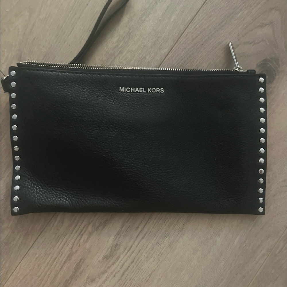 Michael Kors Black Leather Wristlet with Silver Accents